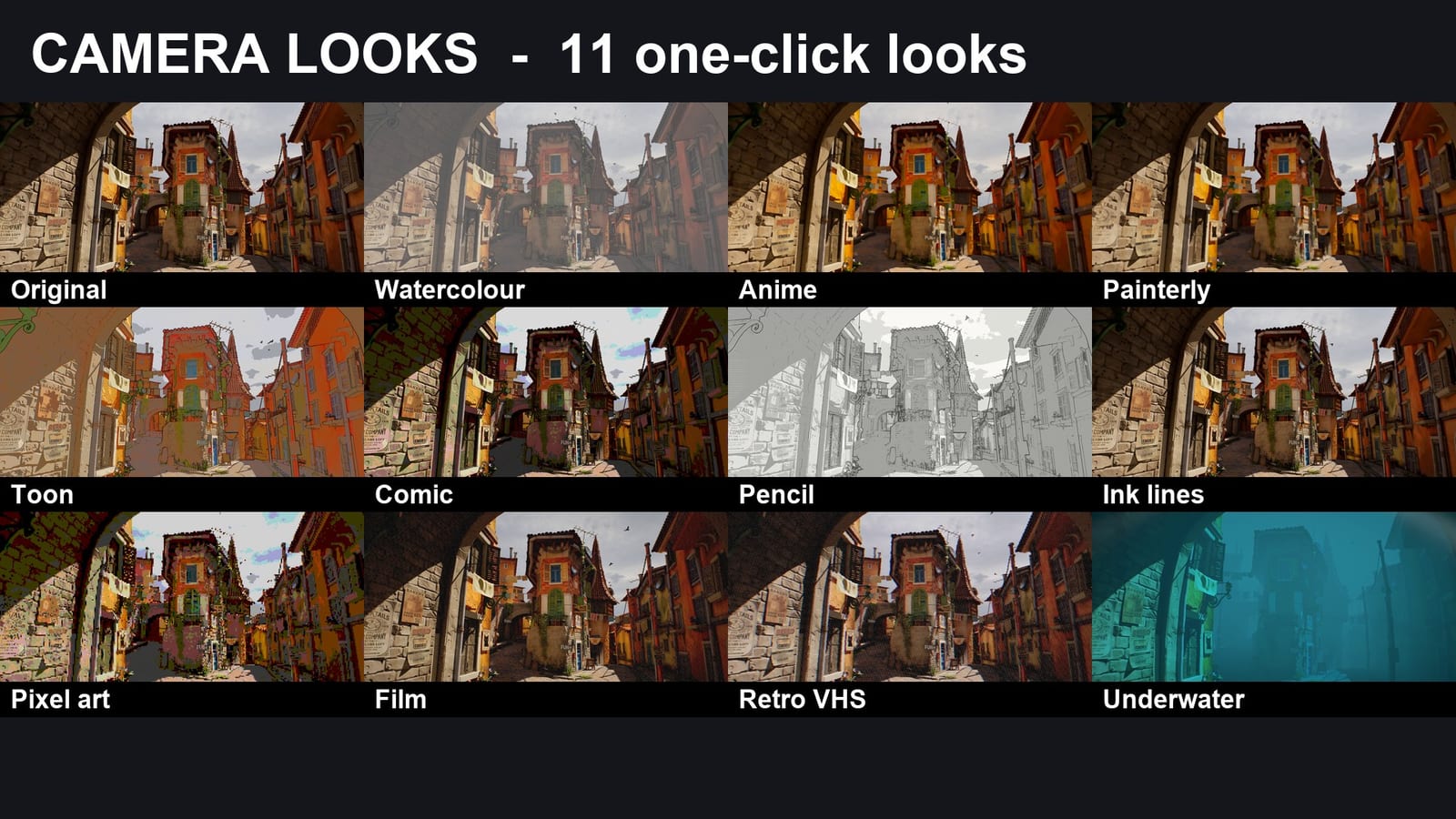 A level shown in several Camera Looks styles side by side