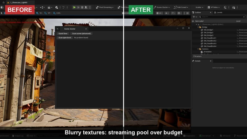 Scene Doctor: Blurry textures: streaming pool, before / after